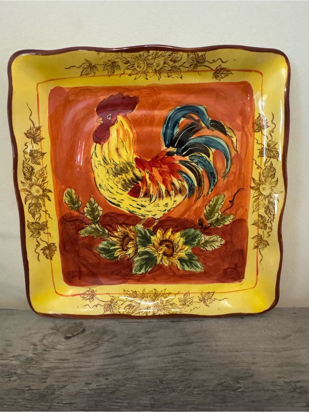 Hand-Painted Rooster Earthenware Plate in Yellow and Orange